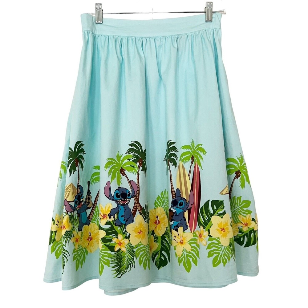 Disney Hot Topic Lilo & Stitch Skirt Aqua w Hawaiian Border Skater Pockets Sz M